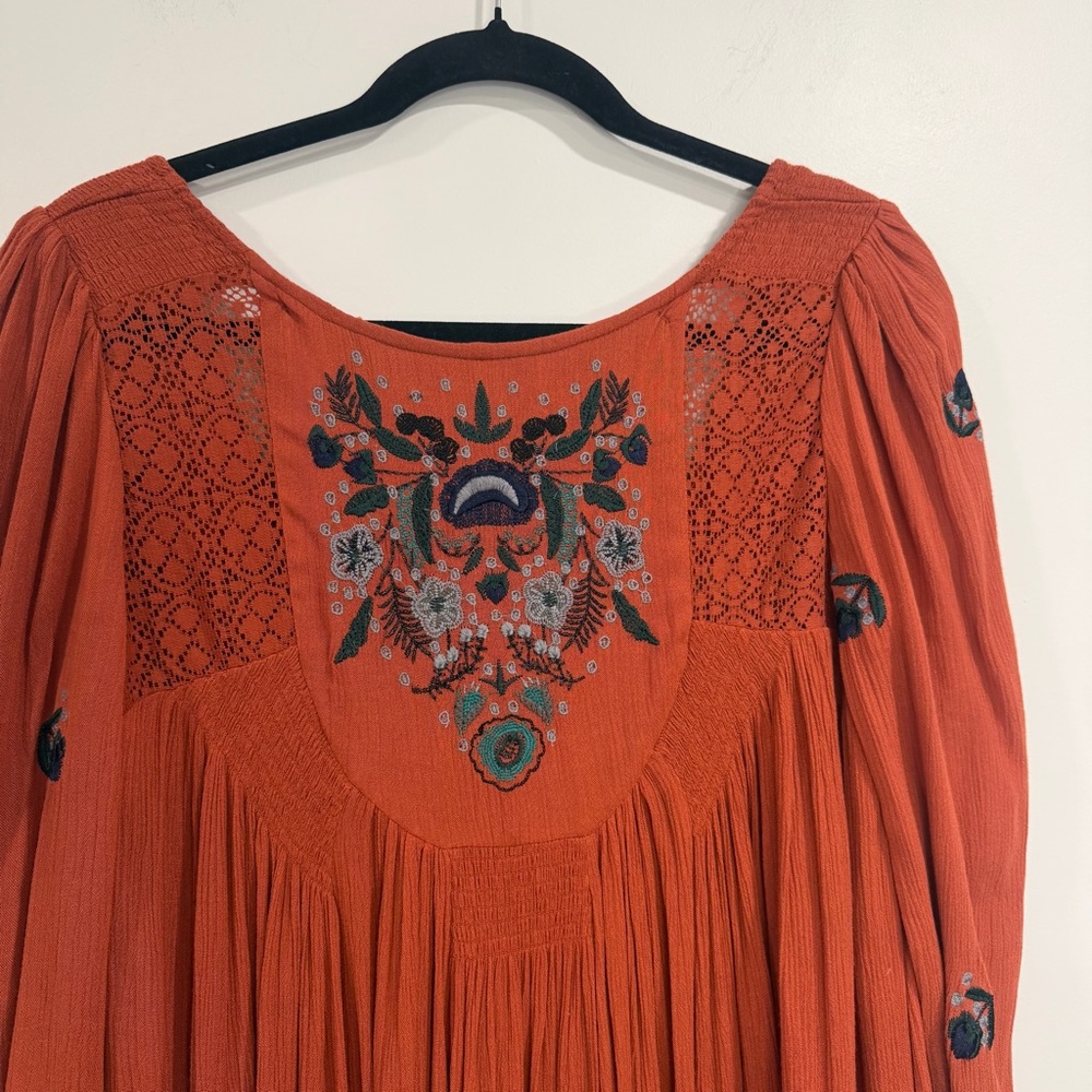 Free People Women's Mohave Embroidered Long Sleeves Dress Orange Size XS - Picture 3 of 9